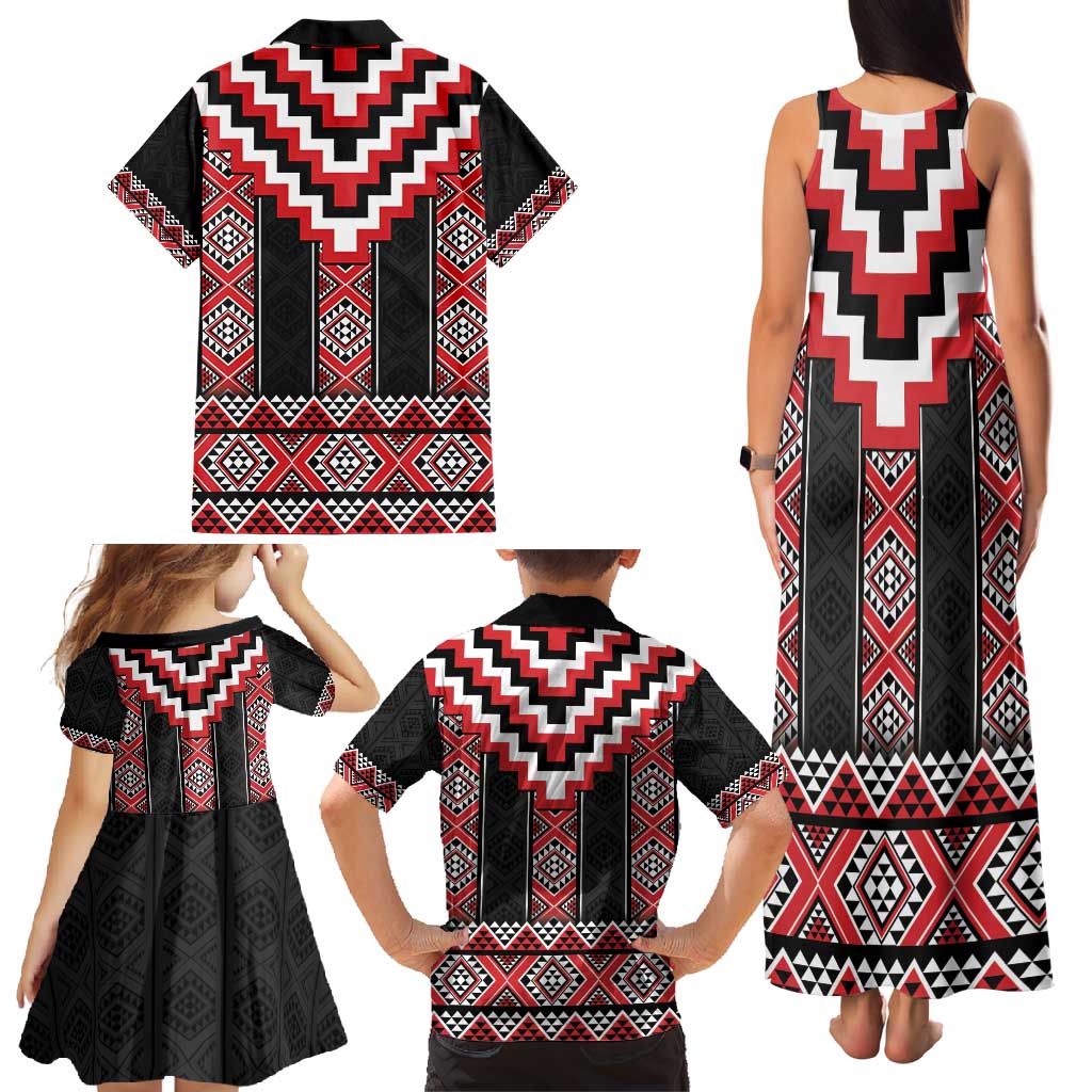 Red Taniko Aotearoa Family Matching Tank Maxi Dress and Hawaiian Shirt Niho Taniwha Mix Poutama LT14