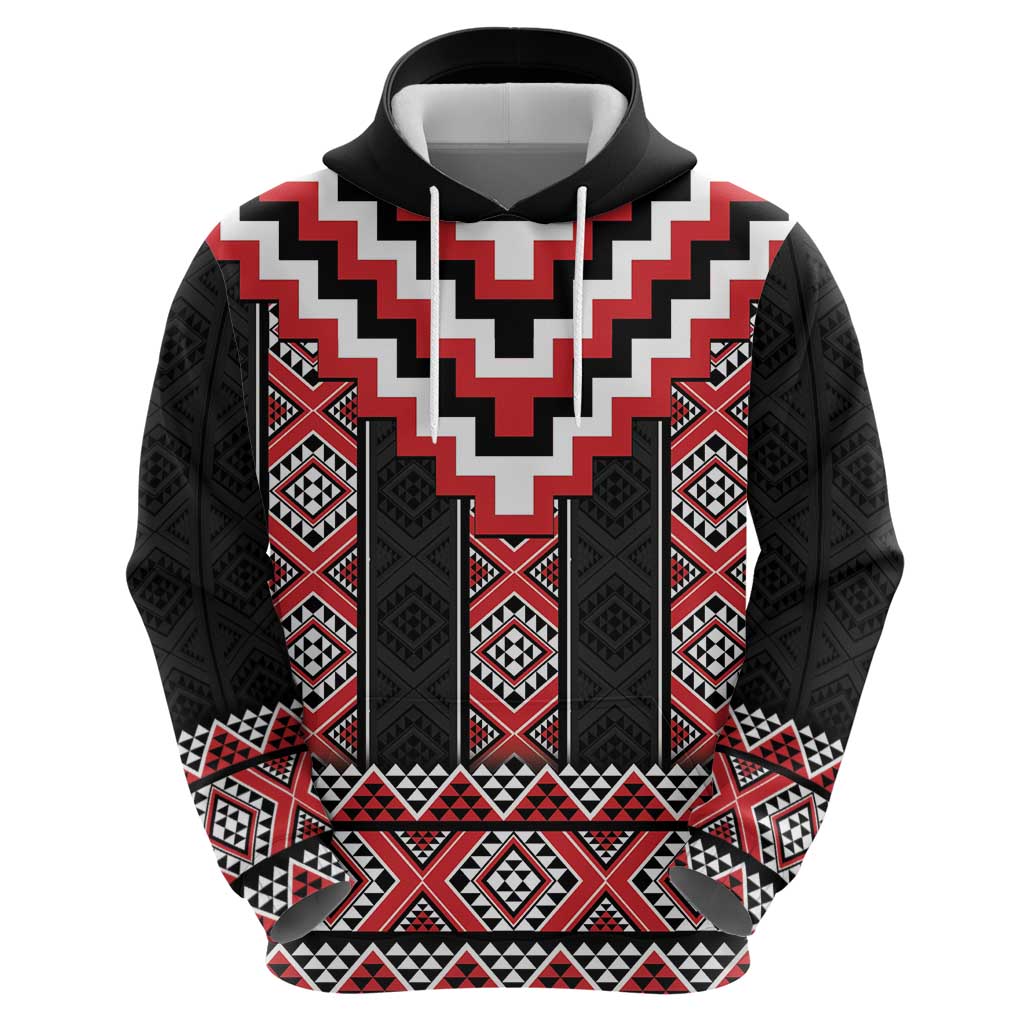 Red Taniko Aotearoa Hoodie Niho Taniwha Mix Poutama - Vibe Hoodie Shop