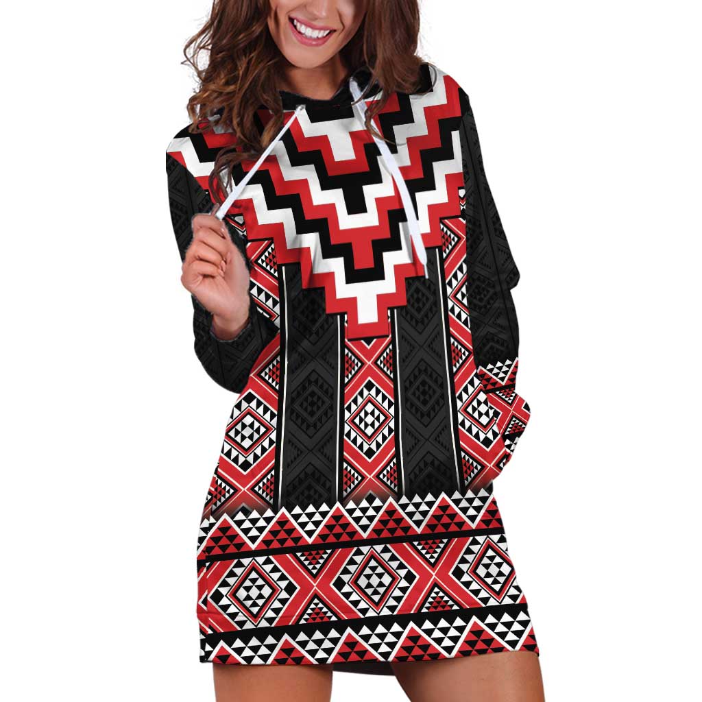 Red Taniko Aotearoa Hoodie Dress Niho Taniwha Mix Poutama - Vibe Hoodie Shop