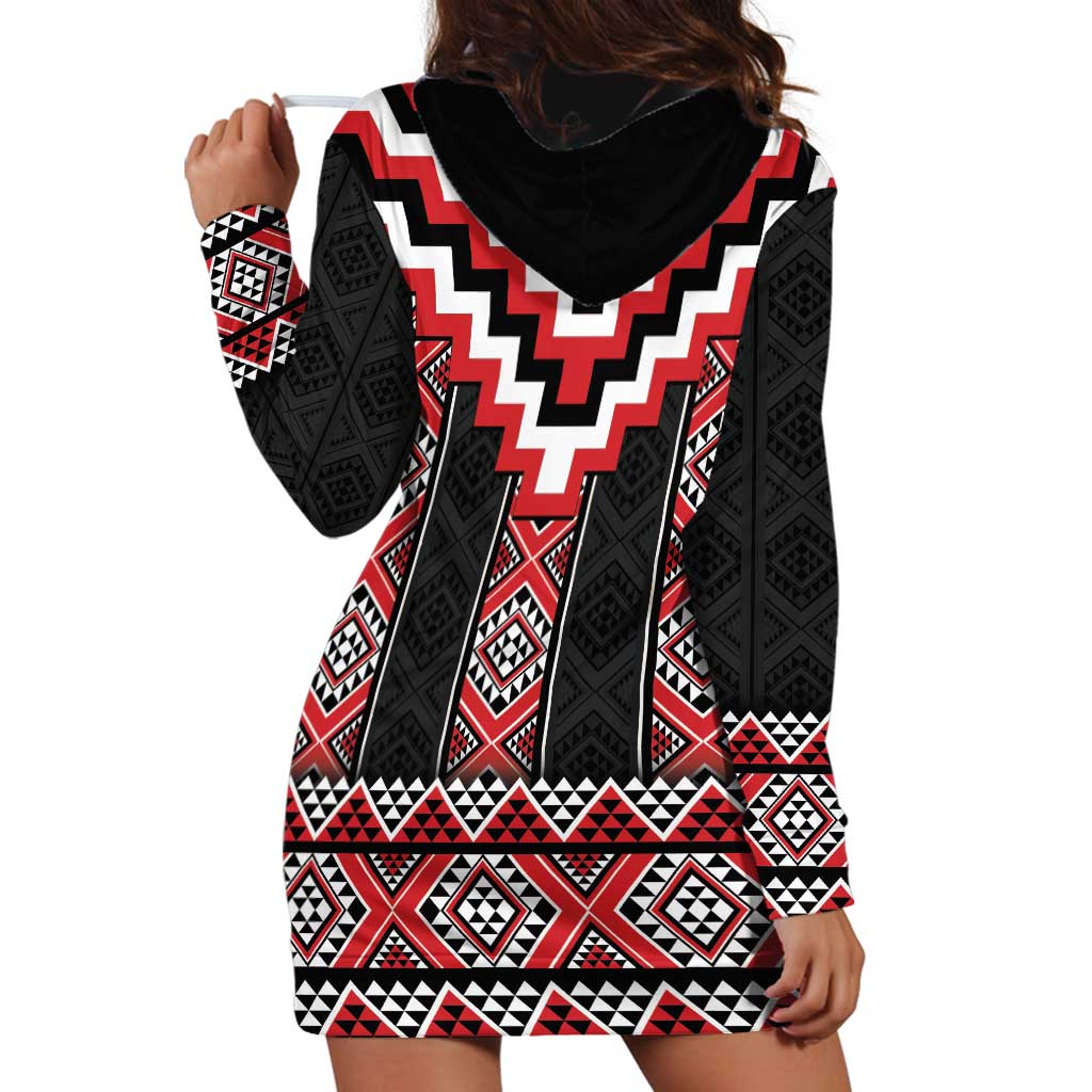 Red Taniko Aotearoa Hoodie Dress Niho Taniwha Mix Poutama - Vibe Hoodie Shop