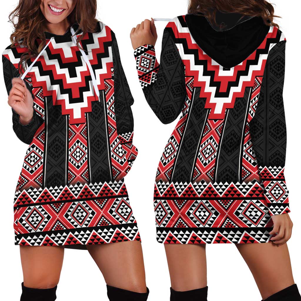 Red Taniko Aotearoa Hoodie Dress Niho Taniwha Mix Poutama - Vibe Hoodie Shop
