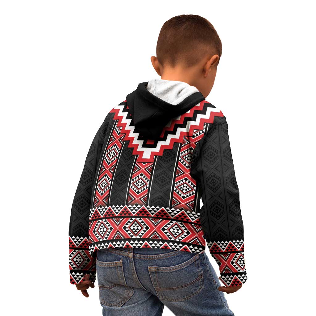 Red Taniko Aotearoa Kid Hoodie Niho Taniwha Mix Poutama - Vibe Hoodie Shop