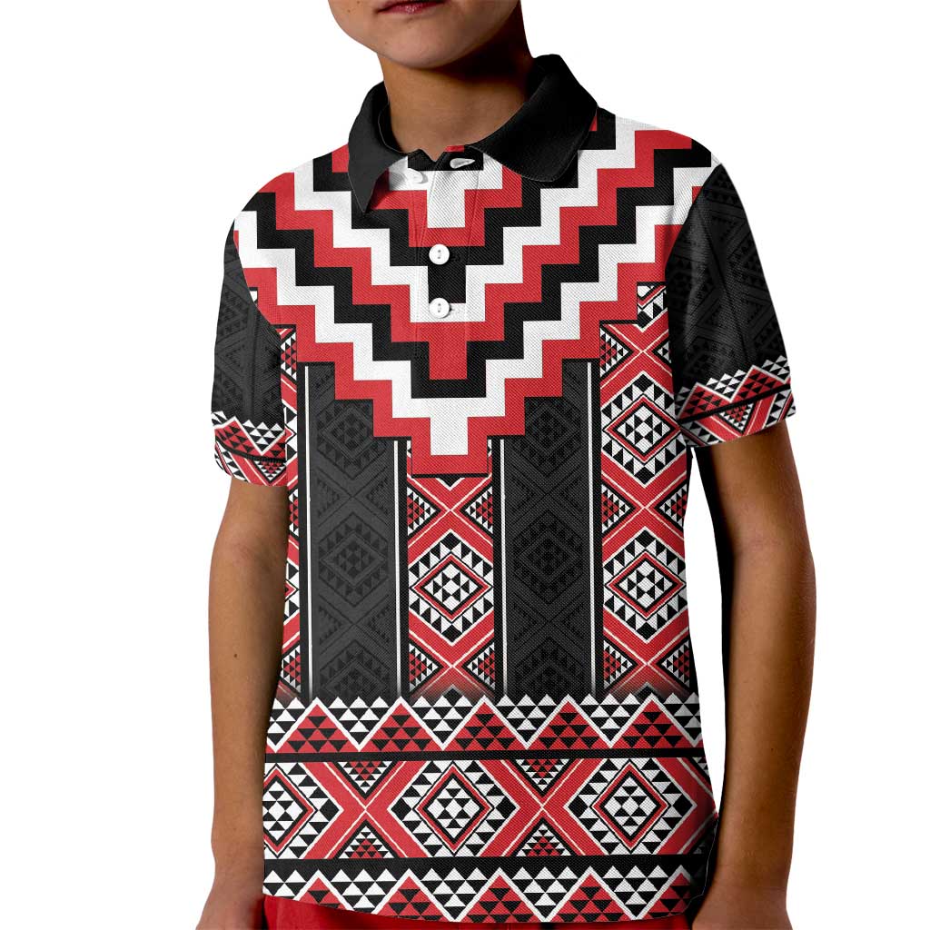 Red Taniko Aotearoa Kid Polo Shirt Niho Taniwha Mix Poutama - Vibe Hoodie Shop