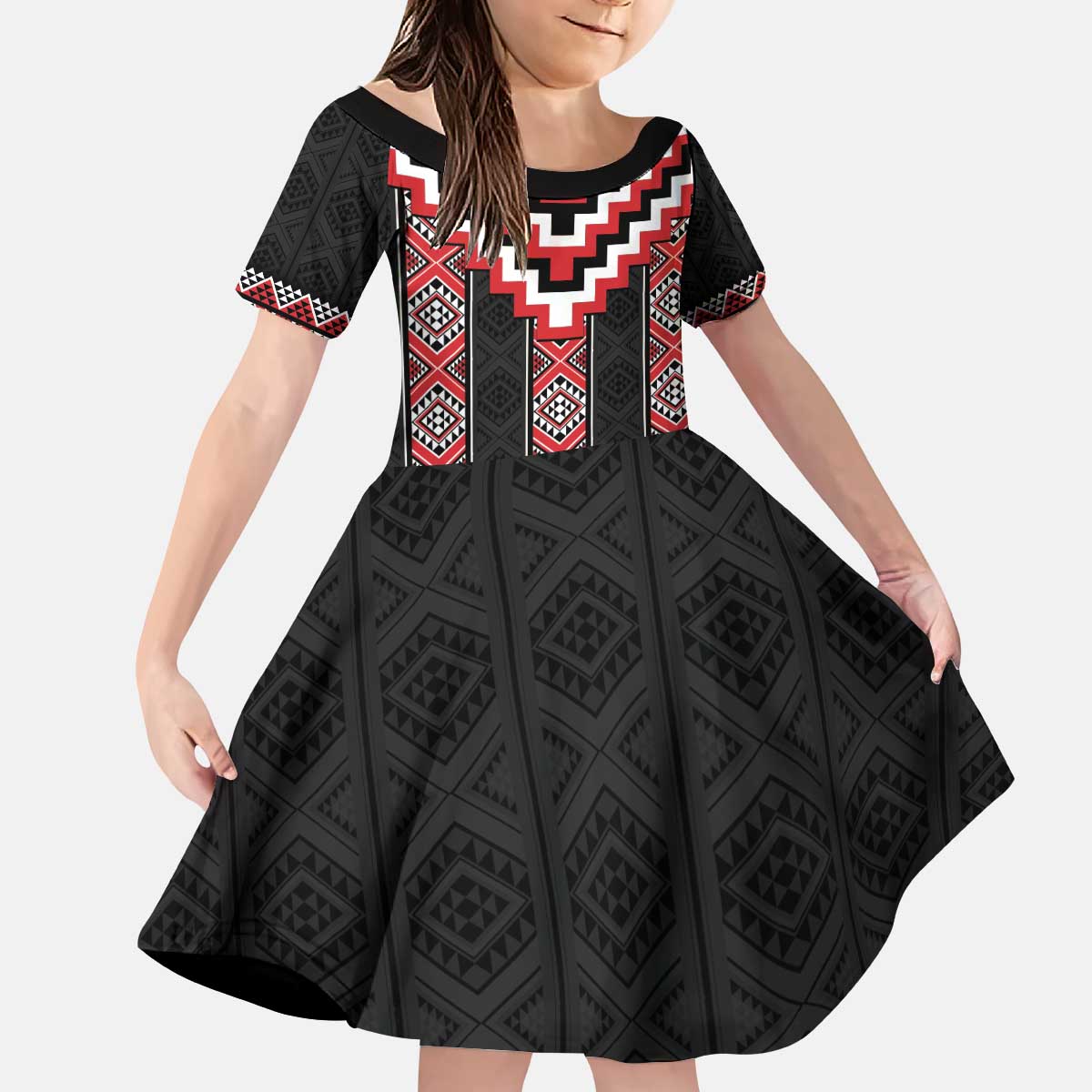 Red Taniko Aotearoa Kid Short Sleeve Dress Niho Taniwha Mix Poutama - Vibe Hoodie Shop