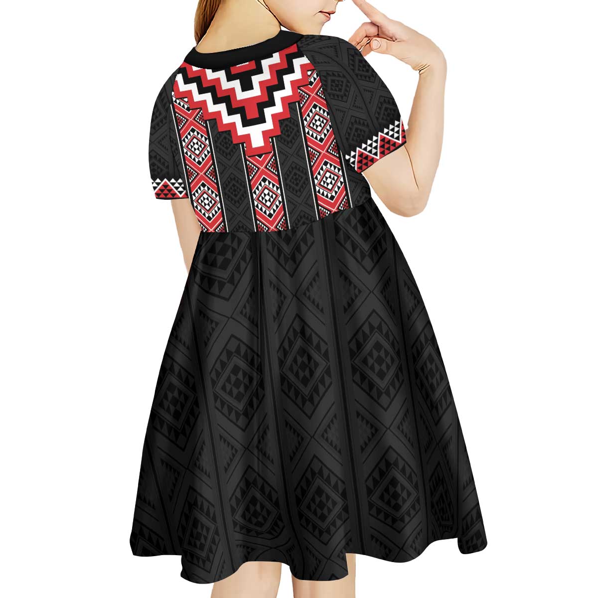 Red Taniko Aotearoa Kid Short Sleeve Dress Niho Taniwha Mix Poutama - Vibe Hoodie Shop