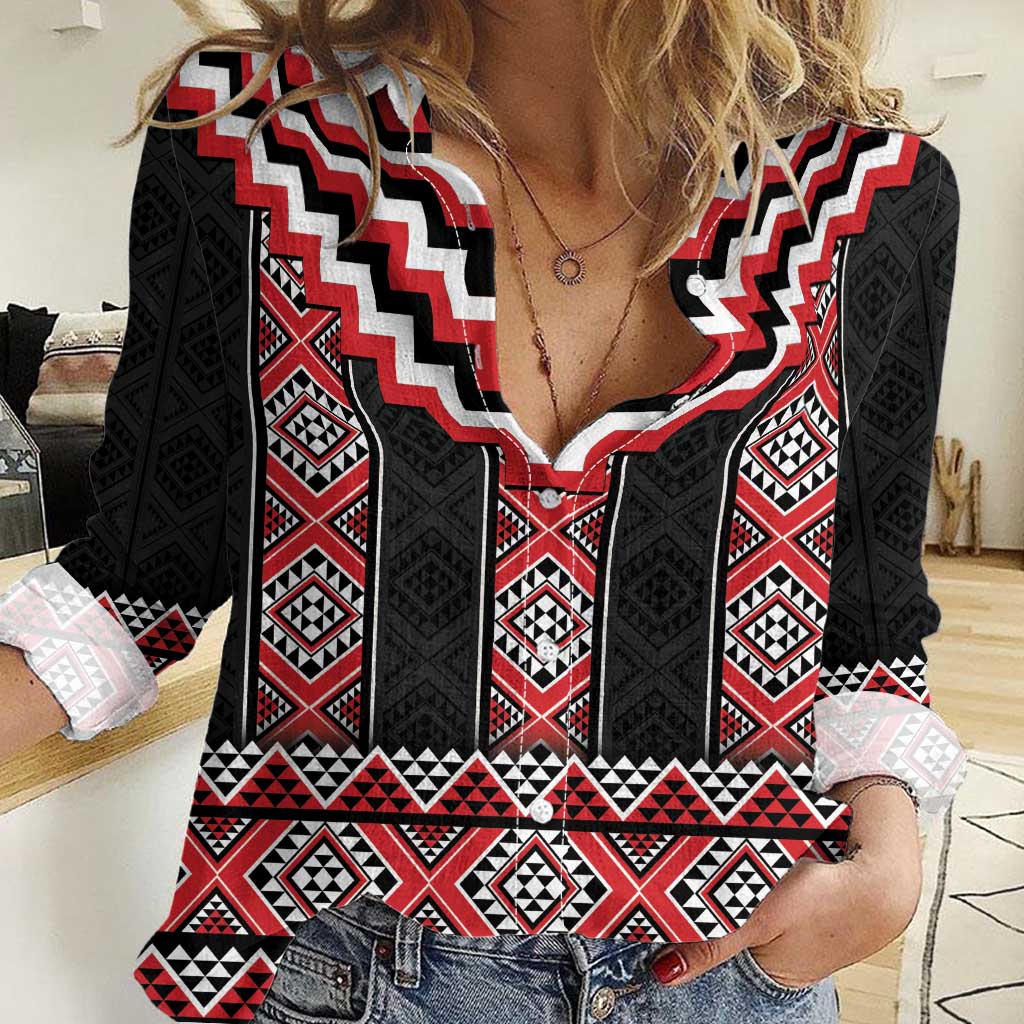 Red Taniko Aotearoa Women Casual Shirt Niho Taniwha Mix Poutama - Vibe Hoodie Shop