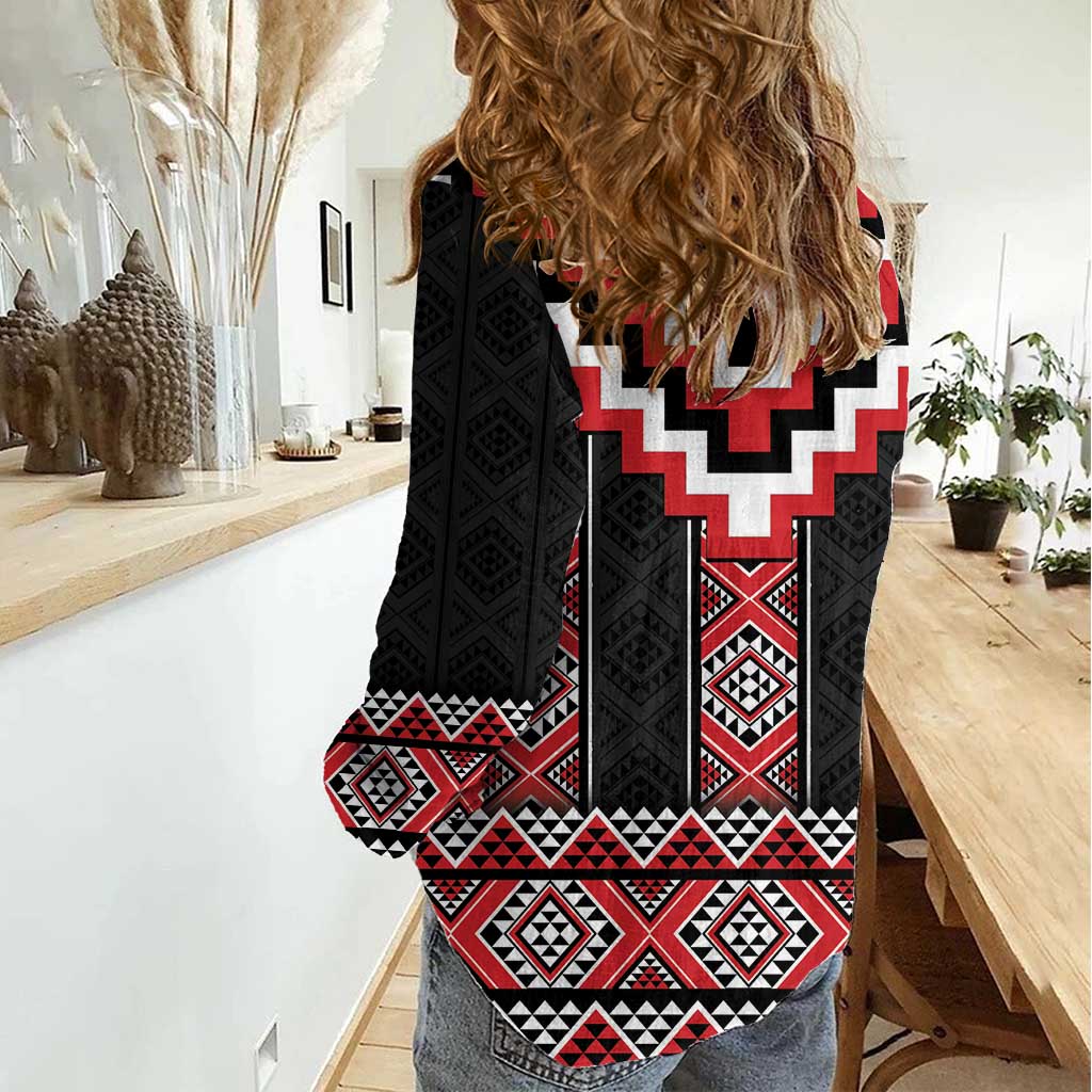 Red Taniko Aotearoa Women Casual Shirt Niho Taniwha Mix Poutama - Vibe Hoodie Shop