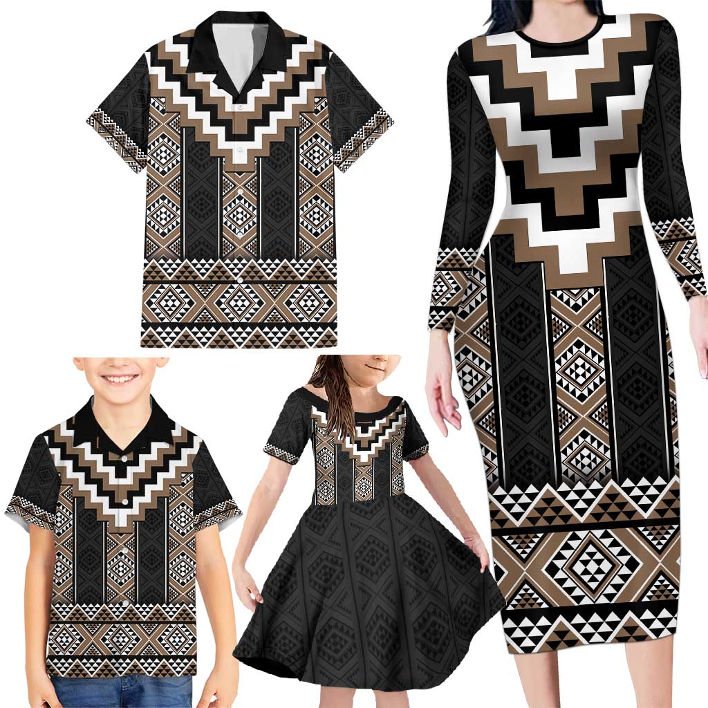 Brown Taniko Aotearoa Family Matching Long Sleeve Bodycon Dress and Hawaiian Shirt Niho Taniwha Mix Poutama LT14