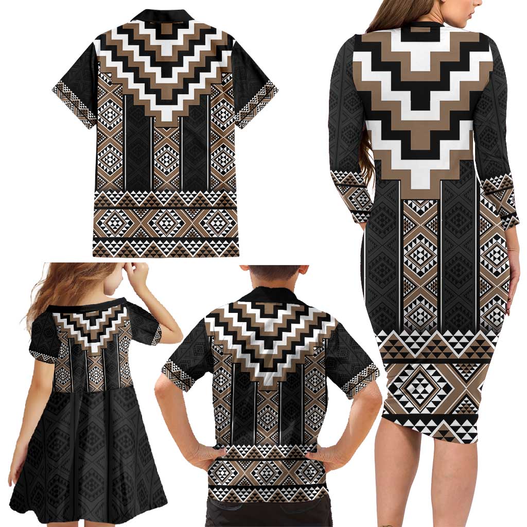 Brown Taniko Aotearoa Family Matching Long Sleeve Bodycon Dress and Hawaiian Shirt Niho Taniwha Mix Poutama LT14