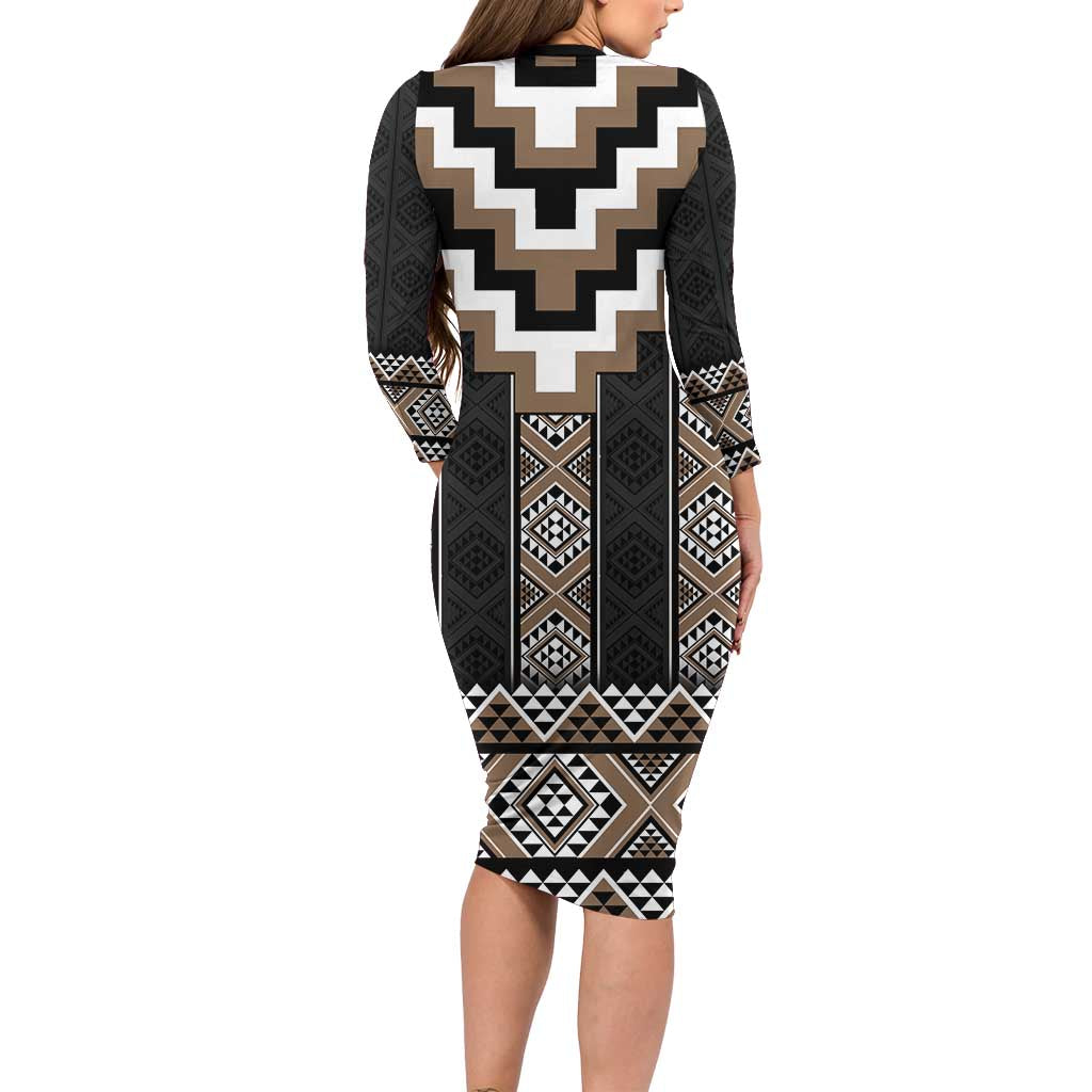 Brown Taniko Aotearoa Family Matching Long Sleeve Bodycon Dress and Hawaiian Shirt Niho Taniwha Mix Poutama LT14