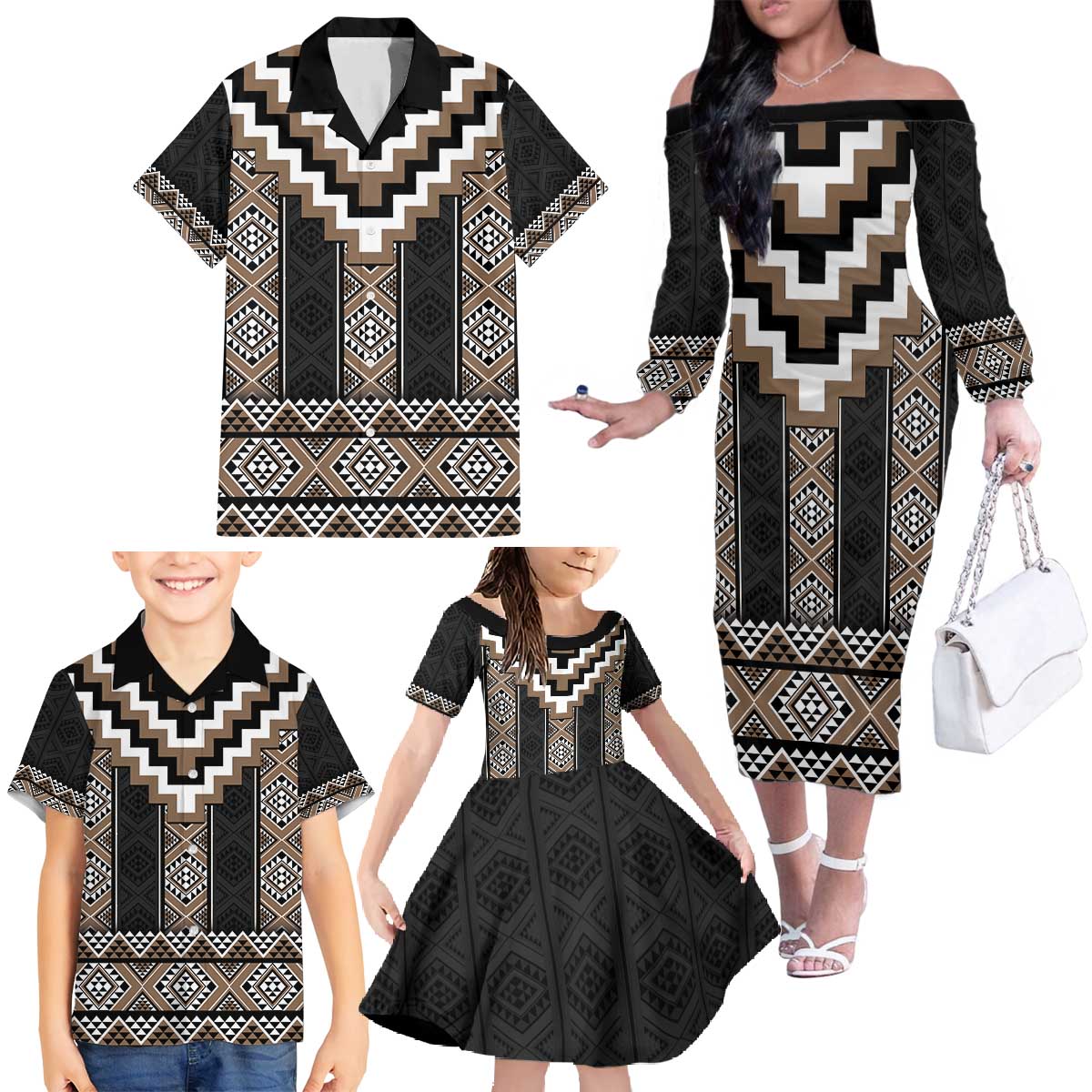 Brown Taniko Aotearoa Family Matching Off The Shoulder Long Sleeve Dress and Hawaiian Shirt Niho Taniwha Mix Poutama LT14