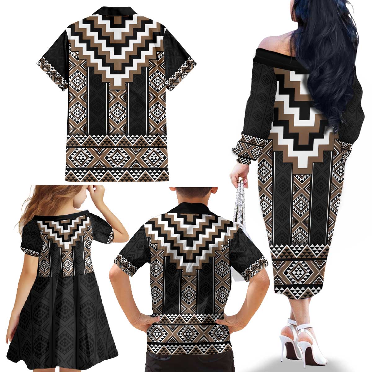 Brown Taniko Aotearoa Family Matching Off The Shoulder Long Sleeve Dress and Hawaiian Shirt Niho Taniwha Mix Poutama LT14