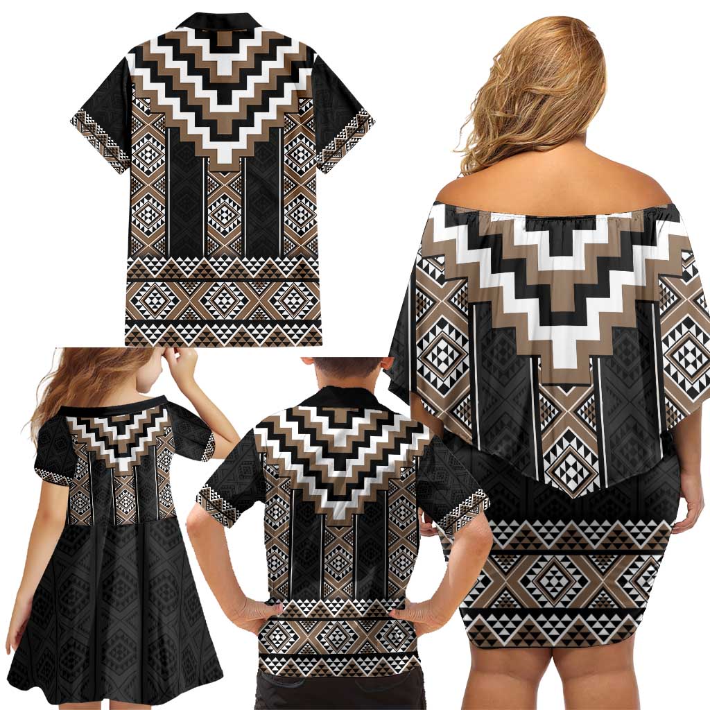 Brown Taniko Aotearoa Family Matching Off Shoulder Short Dress and Hawaiian Shirt Niho Taniwha Mix Poutama LT14