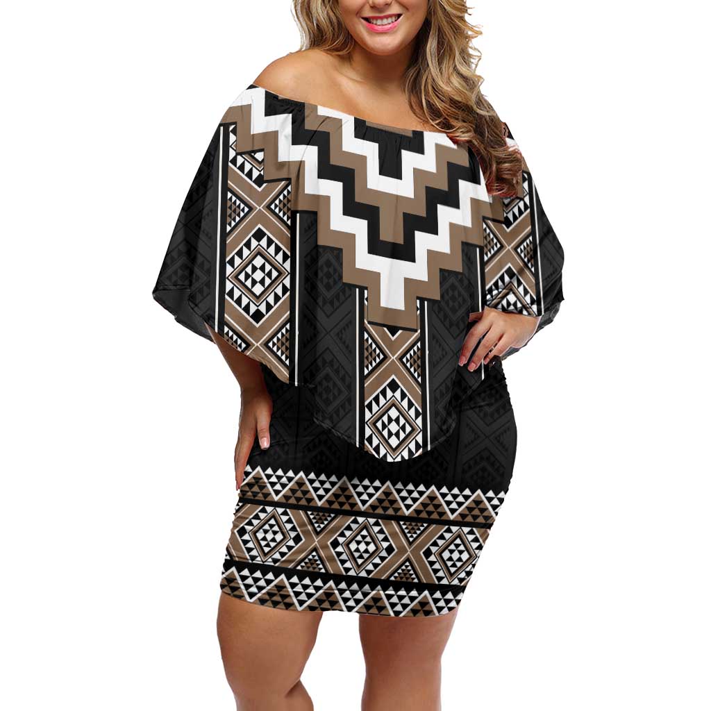 Brown Taniko Aotearoa Family Matching Off Shoulder Short Dress and Hawaiian Shirt Niho Taniwha Mix Poutama LT14