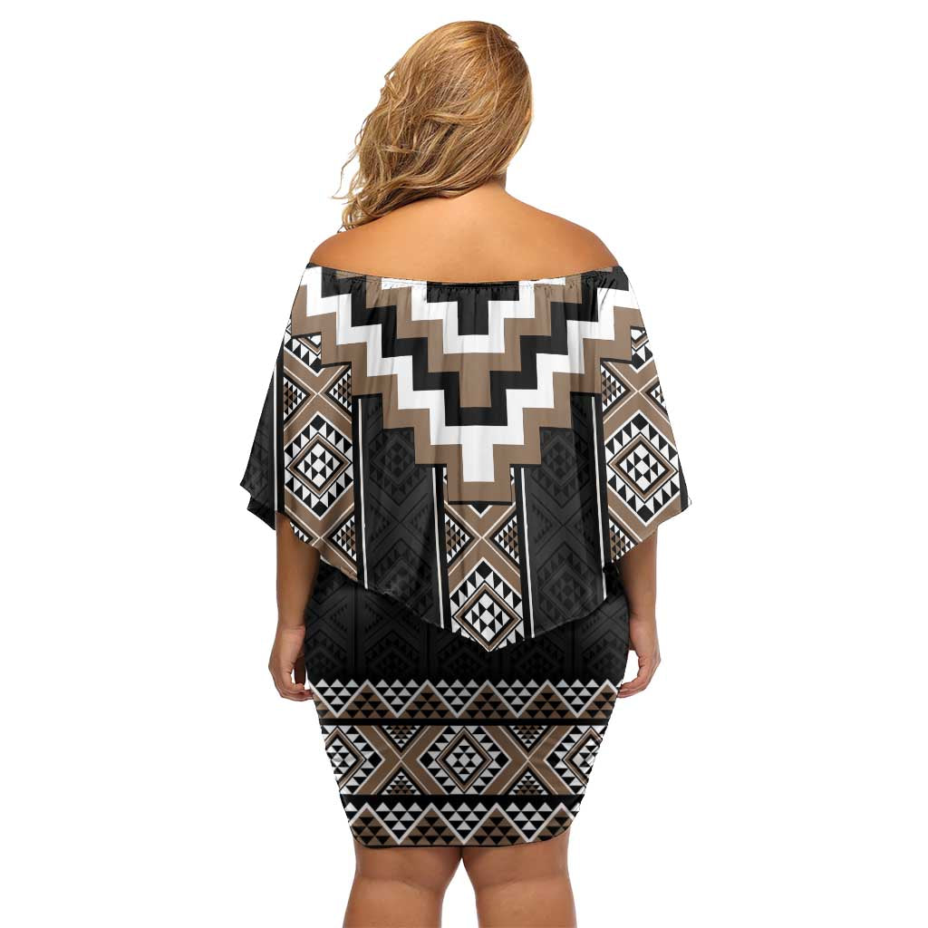 Brown Taniko Aotearoa Family Matching Off Shoulder Short Dress and Hawaiian Shirt Niho Taniwha Mix Poutama LT14