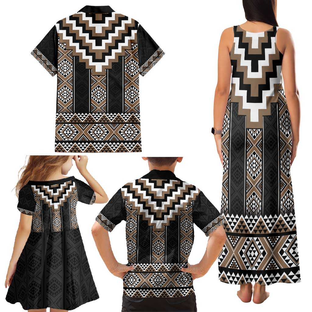 Brown Taniko Aotearoa Family Matching Tank Maxi Dress and Hawaiian Shirt Niho Taniwha Mix Poutama LT14