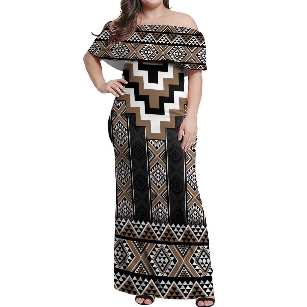 Brown Taniko Aotearoa Off Shoulder Maxi Dress Niho Taniwha Mix Poutama LT14