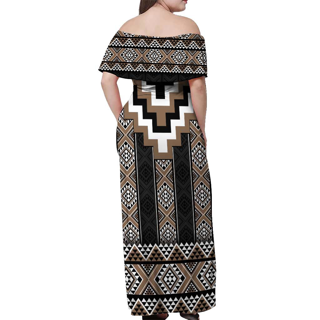 Brown Taniko Aotearoa Off Shoulder Maxi Dress Niho Taniwha Mix Poutama LT14