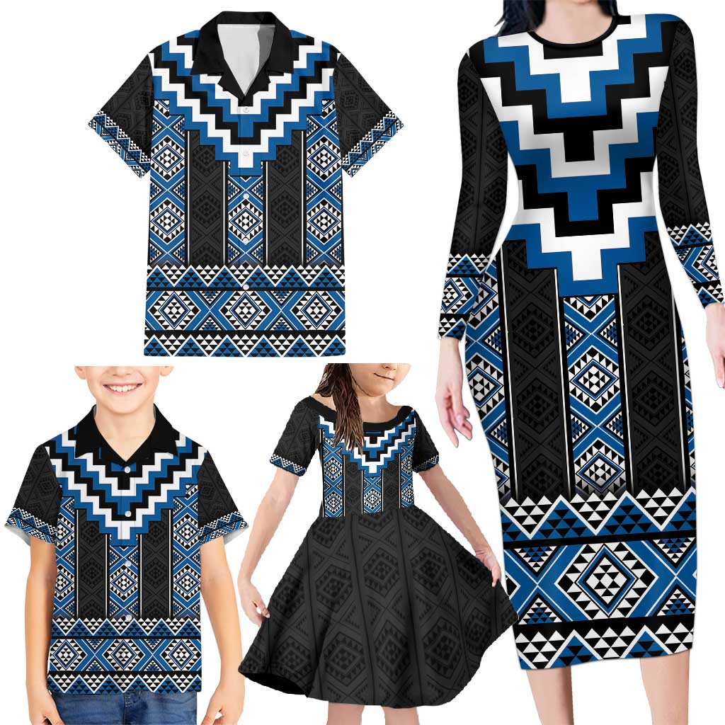 Blue Taniko Aotearoa Family Matching Long Sleeve Bodycon Dress and Hawaiian Shirt Niho Taniwha Mix Poutama LT14