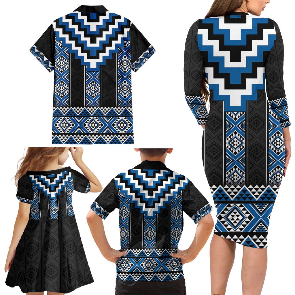 Blue Taniko Aotearoa Family Matching Long Sleeve Bodycon Dress and Hawaiian Shirt Niho Taniwha Mix Poutama LT14