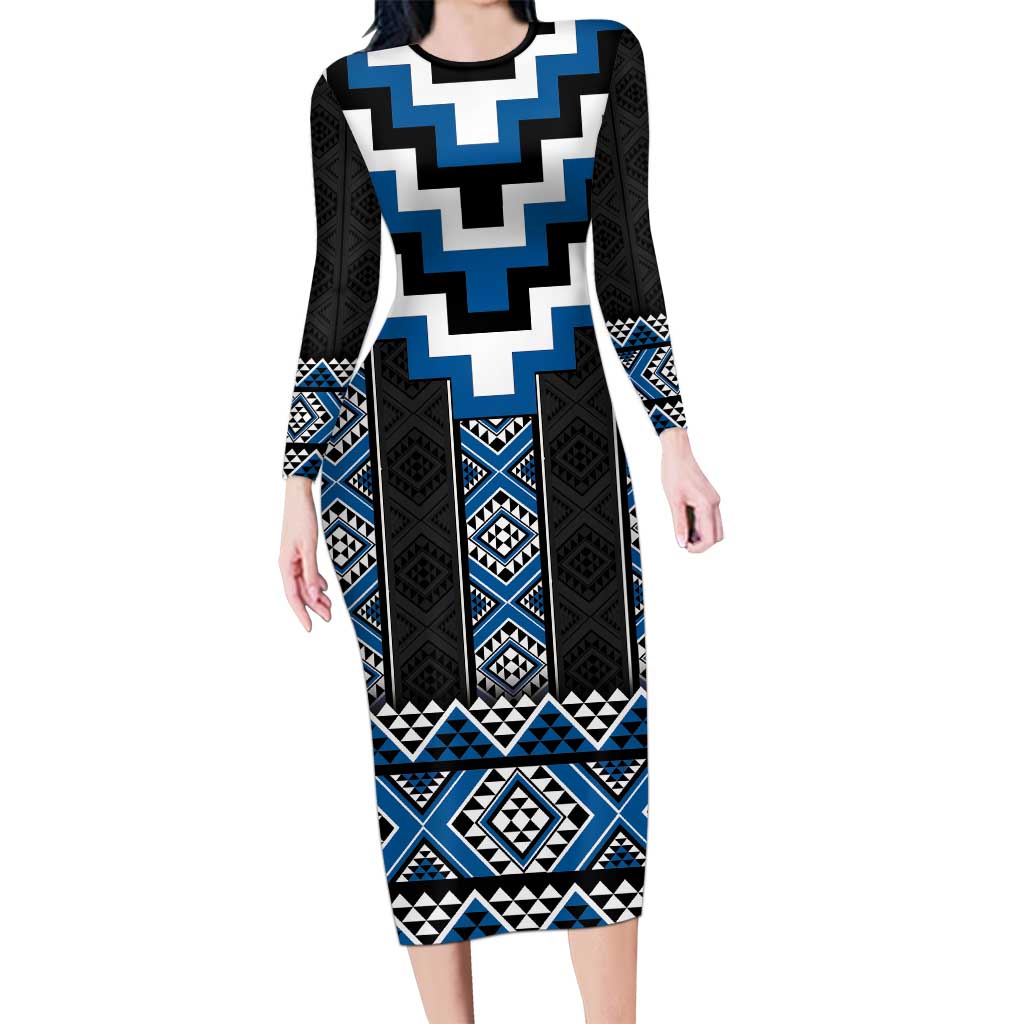 Blue Taniko Aotearoa Family Matching Long Sleeve Bodycon Dress and Hawaiian Shirt Niho Taniwha Mix Poutama LT14