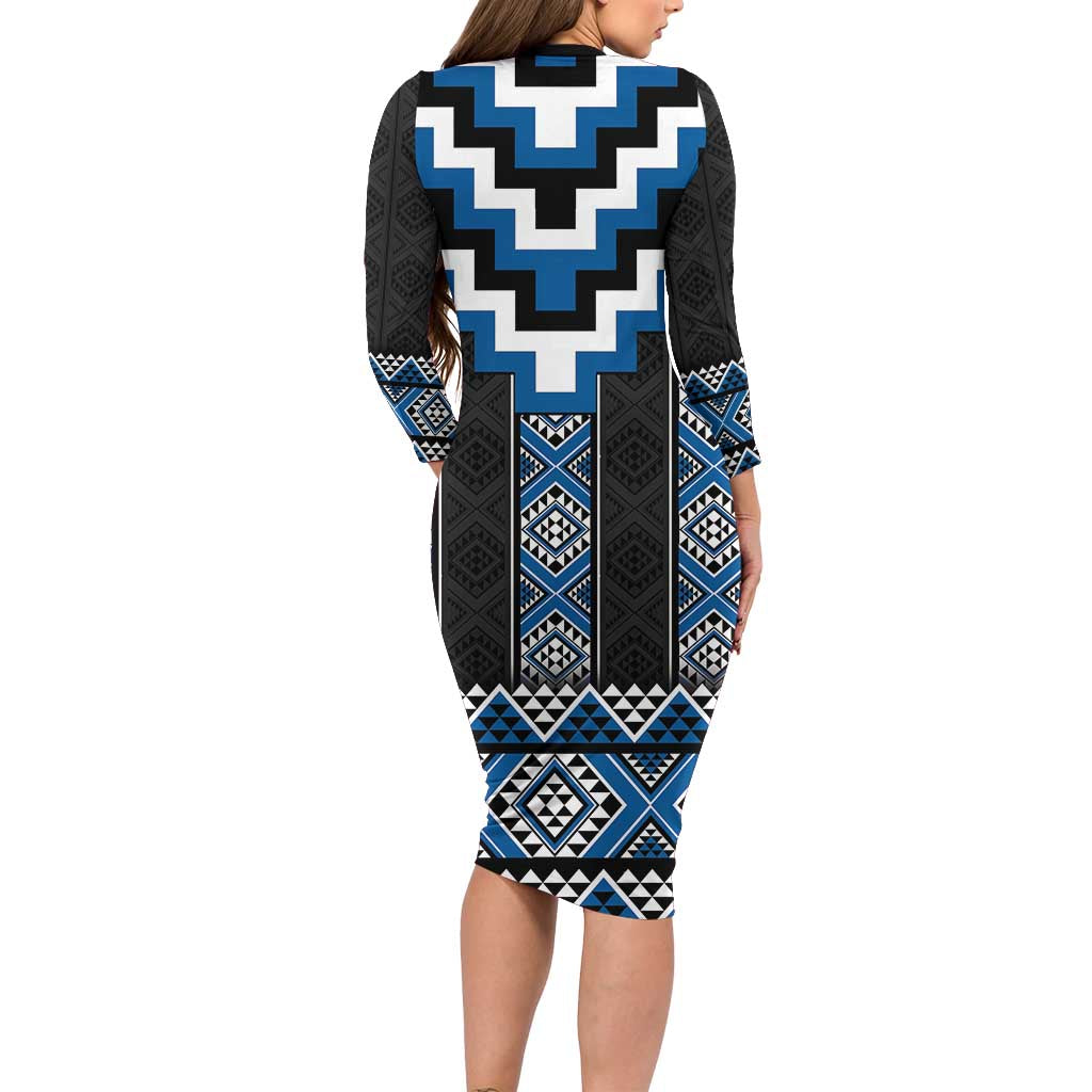 Blue Taniko Aotearoa Family Matching Long Sleeve Bodycon Dress and Hawaiian Shirt Niho Taniwha Mix Poutama LT14