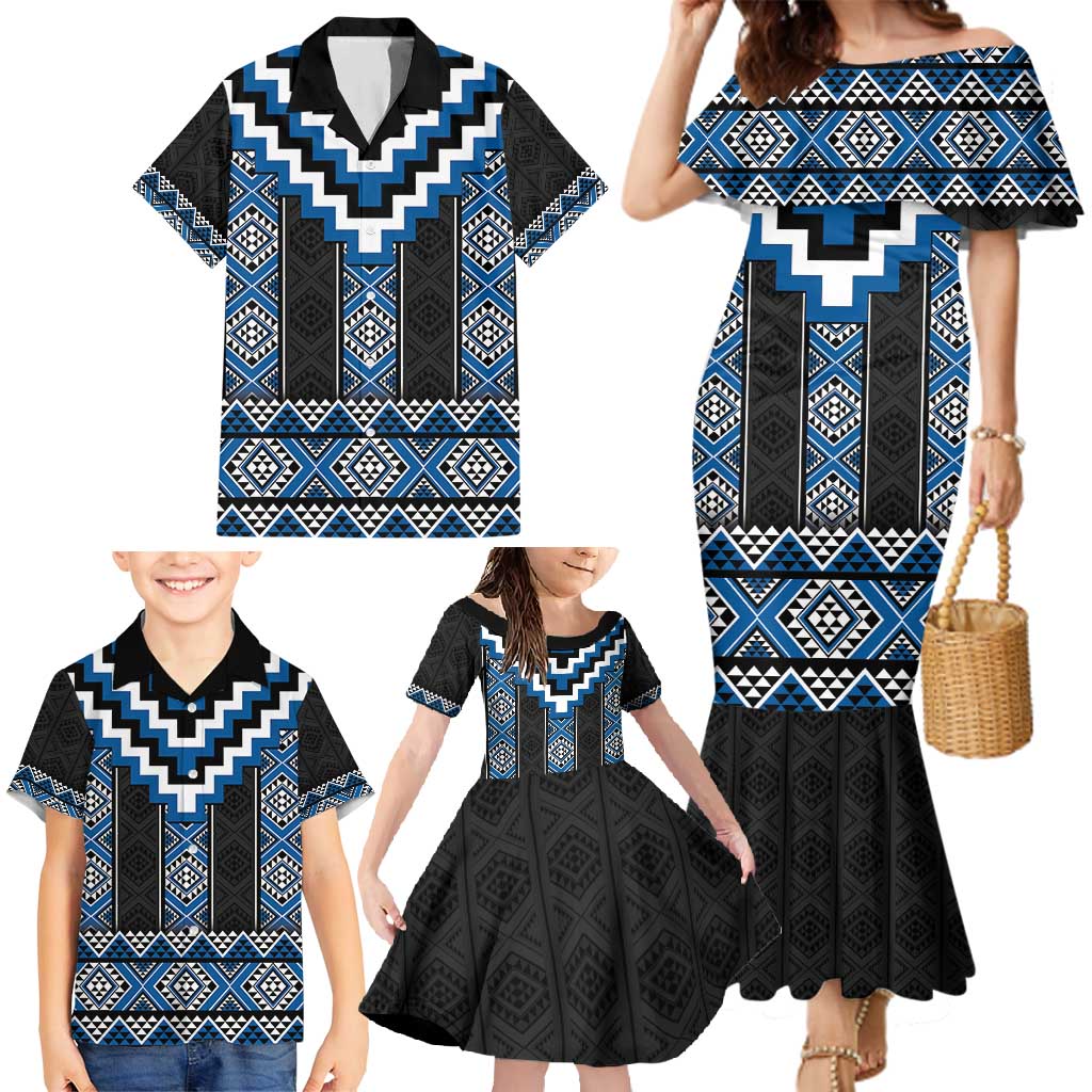 Blue Taniko Aotearoa Family Matching Mermaid Dress and Hawaiian Shirt Niho Taniwha Mix Poutama LT14