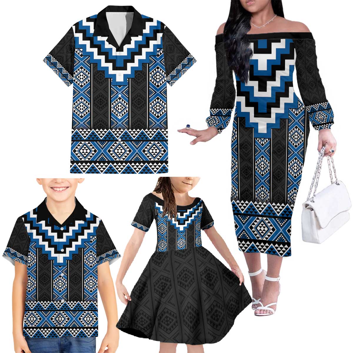 Blue Taniko Aotearoa Family Matching Off The Shoulder Long Sleeve Dress and Hawaiian Shirt Niho Taniwha Mix Poutama LT14