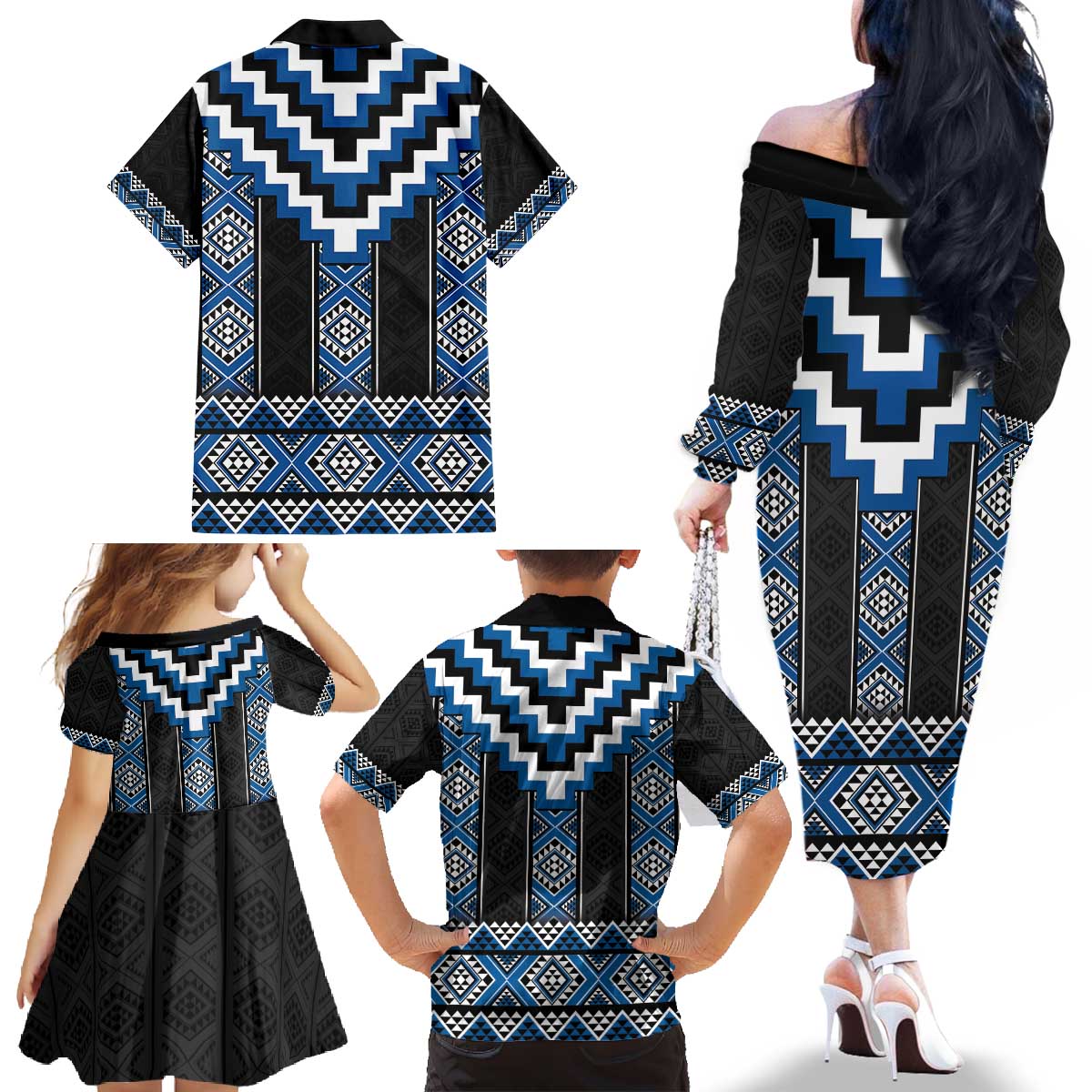 Blue Taniko Aotearoa Family Matching Off The Shoulder Long Sleeve Dress and Hawaiian Shirt Niho Taniwha Mix Poutama LT14