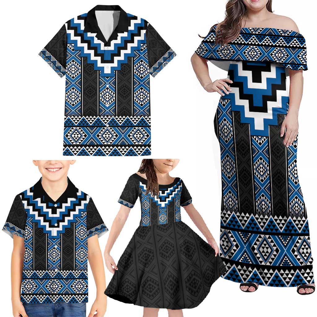 Blue Taniko Aotearoa Family Matching Off Shoulder Maxi Dress and Hawaiian Shirt Niho Taniwha Mix Poutama LT14