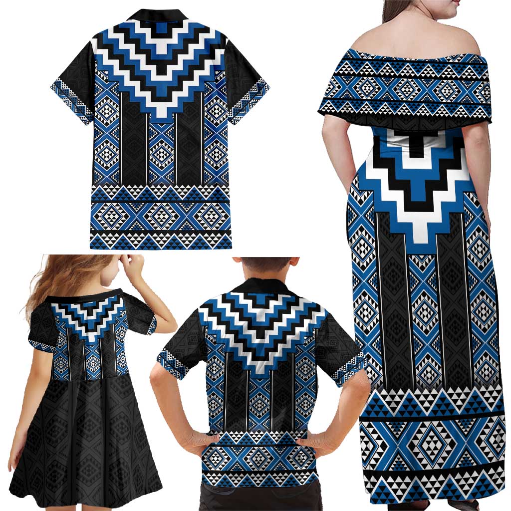 Blue Taniko Aotearoa Family Matching Off Shoulder Maxi Dress and Hawaiian Shirt Niho Taniwha Mix Poutama LT14