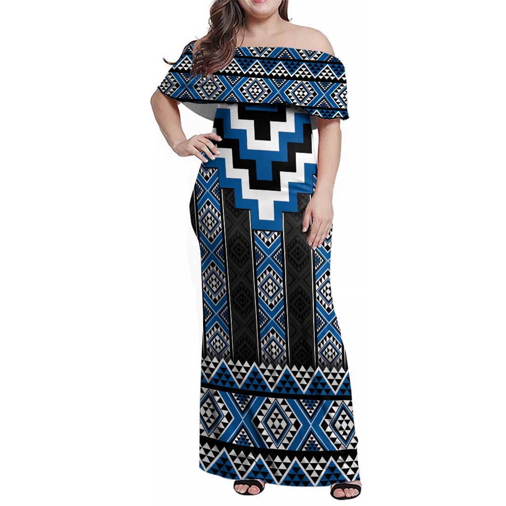 Blue Taniko Aotearoa Family Matching Off Shoulder Maxi Dress and Hawaiian Shirt Niho Taniwha Mix Poutama LT14