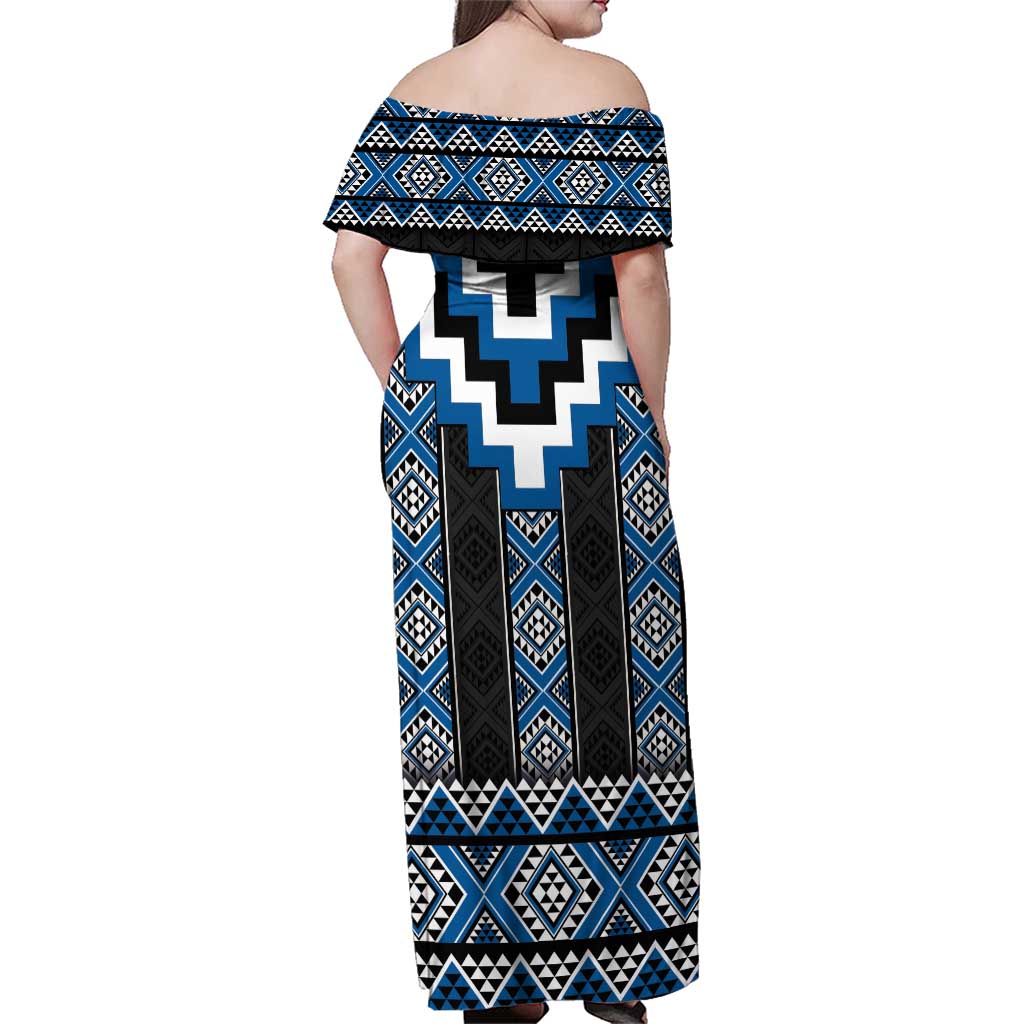 Blue Taniko Aotearoa Family Matching Off Shoulder Maxi Dress and Hawaiian Shirt Niho Taniwha Mix Poutama LT14