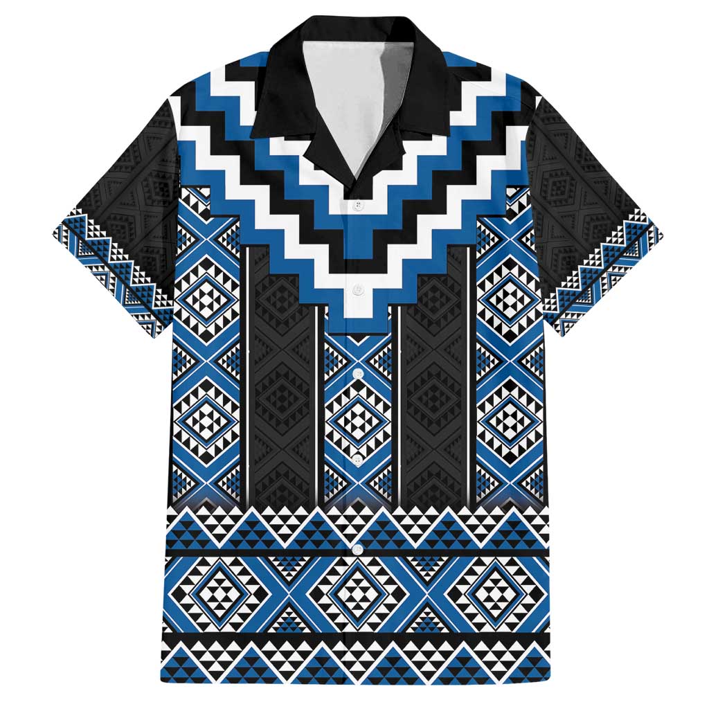 Blue Taniko Aotearoa Family Matching Off Shoulder Short Dress and Hawaiian Shirt Niho Taniwha Mix Poutama LT14