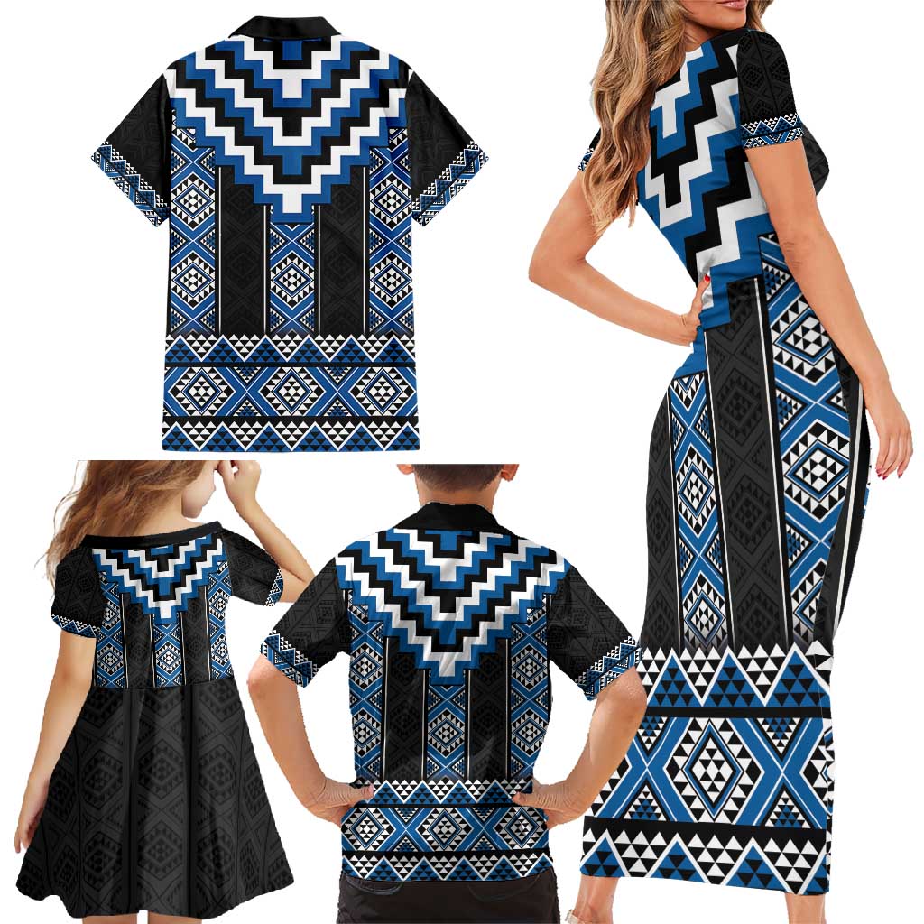 Blue Taniko Aotearoa Family Matching Short Sleeve Bodycon Dress and Hawaiian Shirt Niho Taniwha Mix Poutama LT14