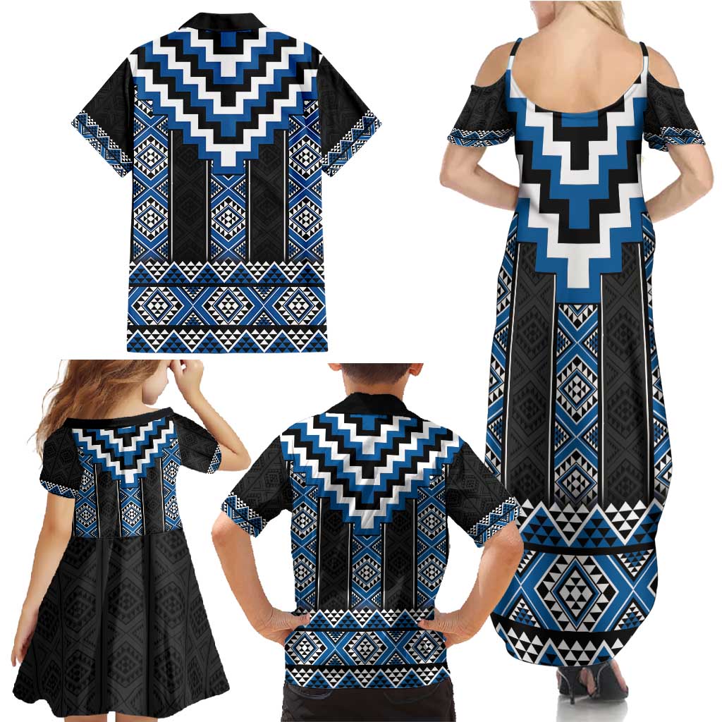 Blue Taniko Aotearoa Family Matching Summer Maxi Dress and Hawaiian Shirt Niho Taniwha Mix Poutama LT14