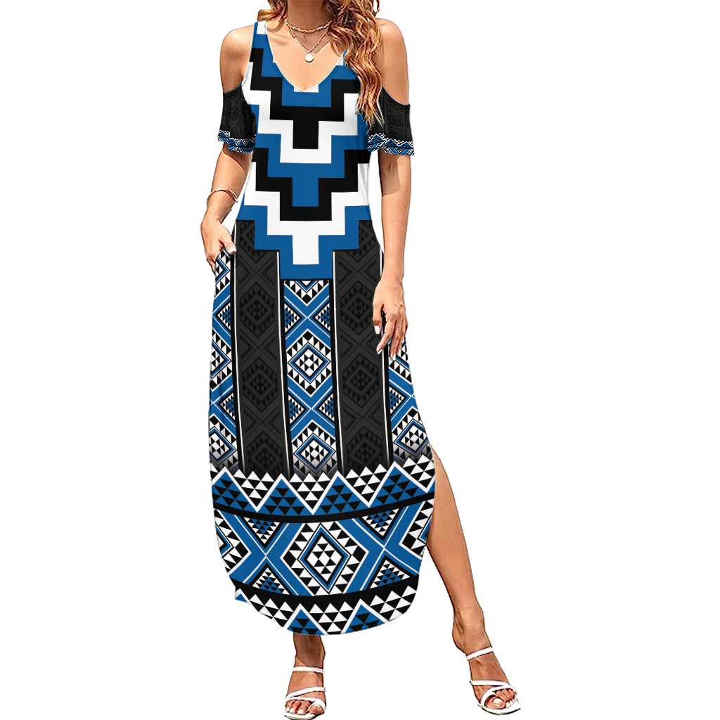 Blue Taniko Aotearoa Family Matching Summer Maxi Dress and Hawaiian Shirt Niho Taniwha Mix Poutama LT14