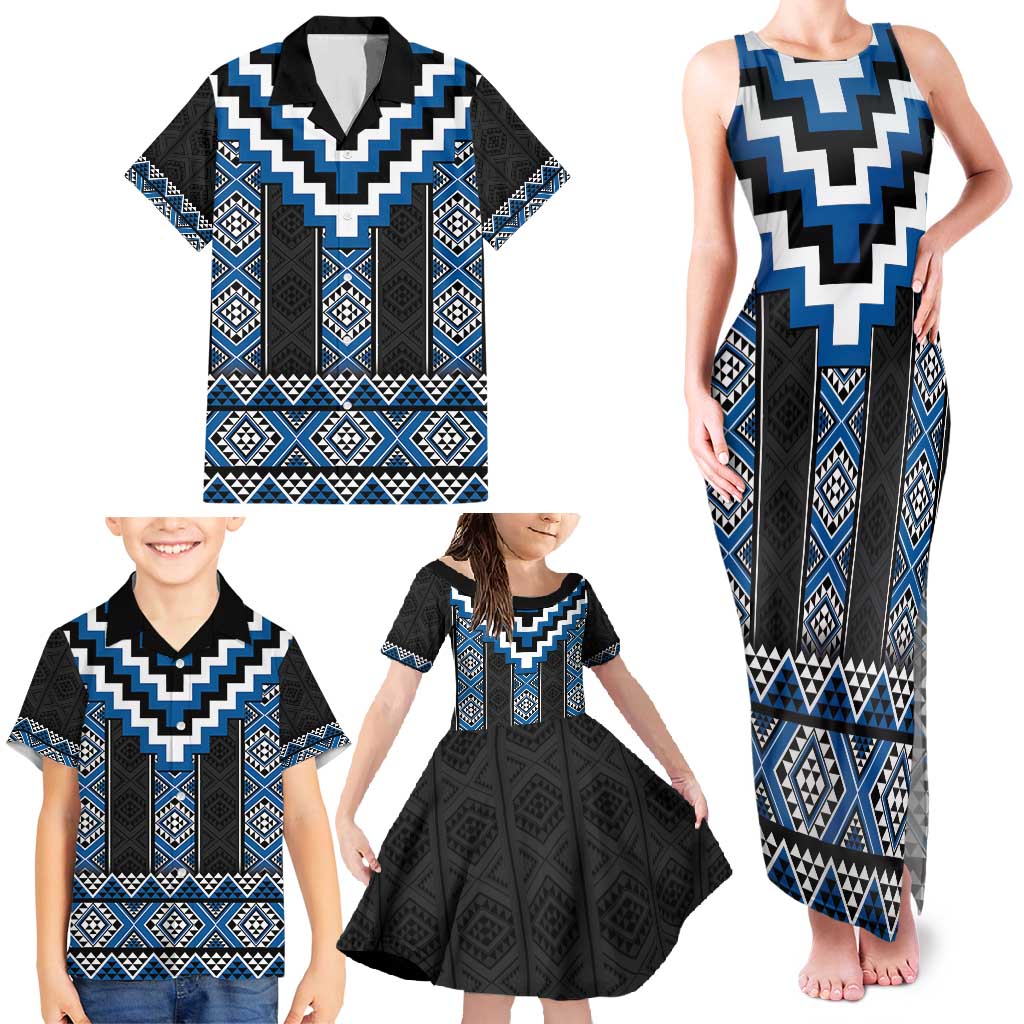 Blue Taniko Aotearoa Family Matching Tank Maxi Dress and Hawaiian Shirt Niho Taniwha Mix Poutama LT14