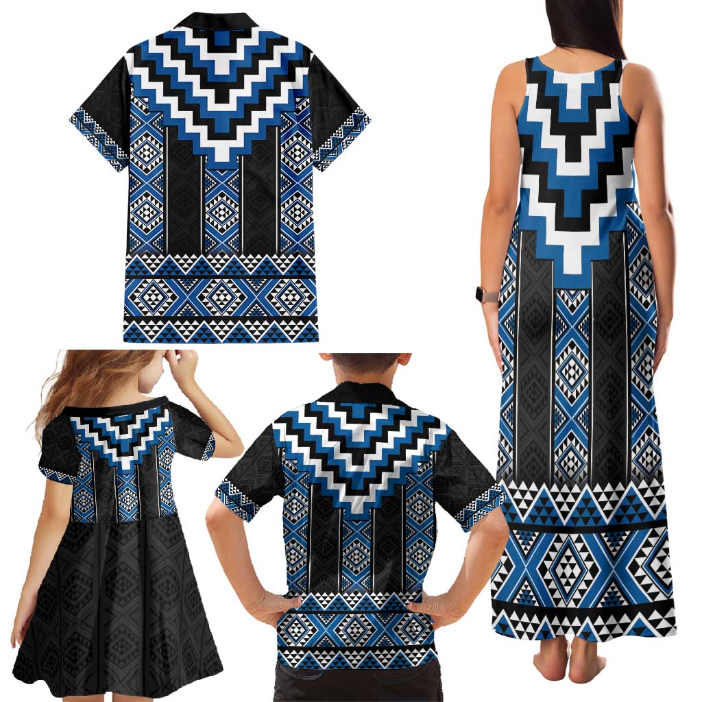 Blue Taniko Aotearoa Family Matching Tank Maxi Dress and Hawaiian Shirt Niho Taniwha Mix Poutama LT14