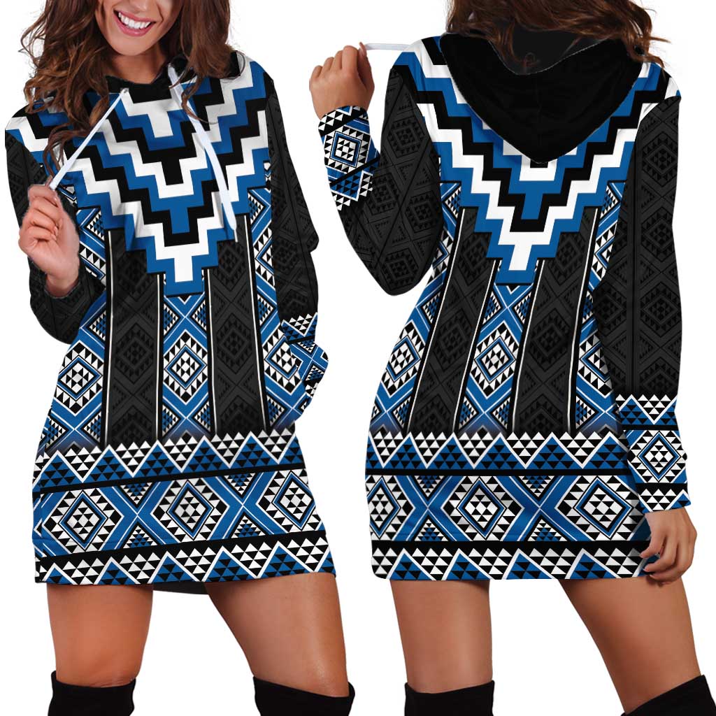 Blue Taniko Aotearoa Hoodie Dress Niho Taniwha Mix Poutama - Vibe Hoodie Shop