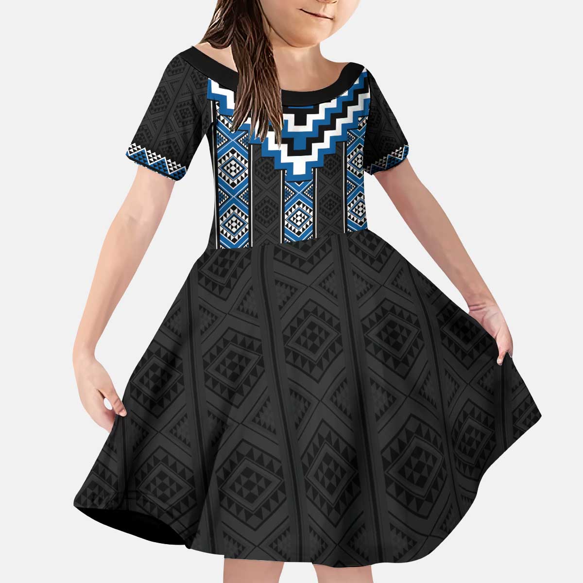 Blue Taniko Aotearoa Kid Short Sleeve Dress Niho Taniwha Mix Poutama - Vibe Hoodie Shop