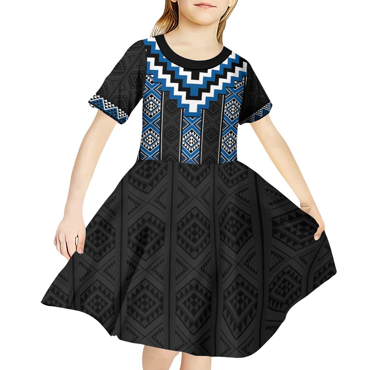 Blue Taniko Aotearoa Kid Short Sleeve Dress Niho Taniwha Mix Poutama - Vibe Hoodie Shop