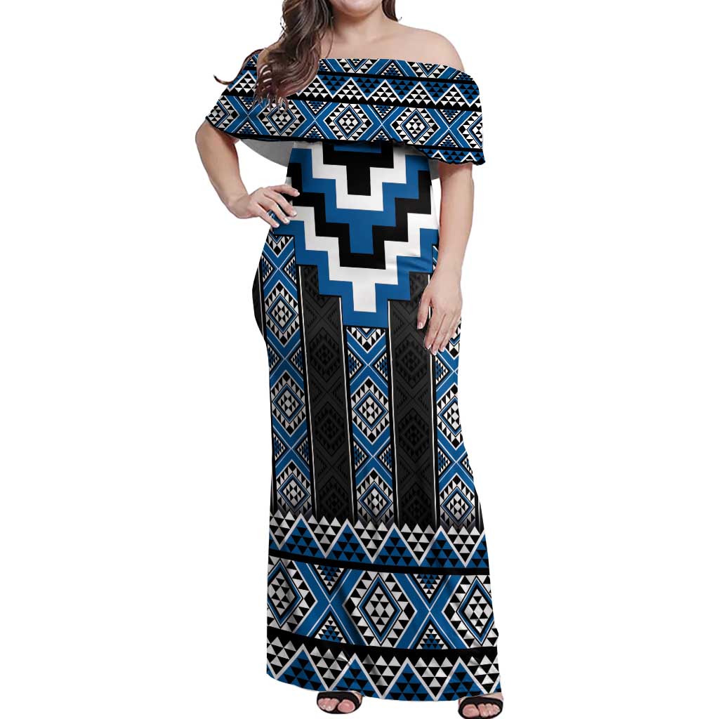 Blue Taniko Aotearoa Off Shoulder Maxi Dress Niho Taniwha Mix Poutama LT14
