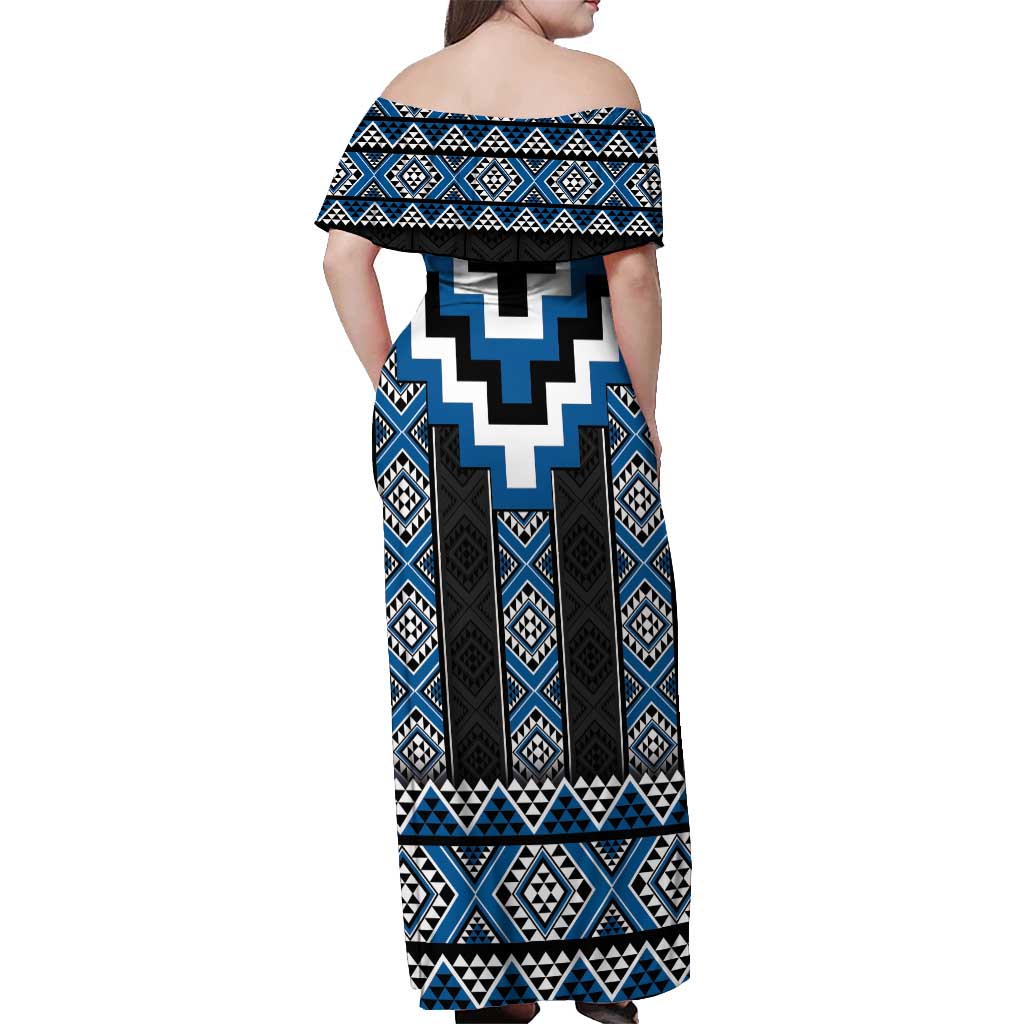 Blue Taniko Aotearoa Off Shoulder Maxi Dress Niho Taniwha Mix Poutama LT14