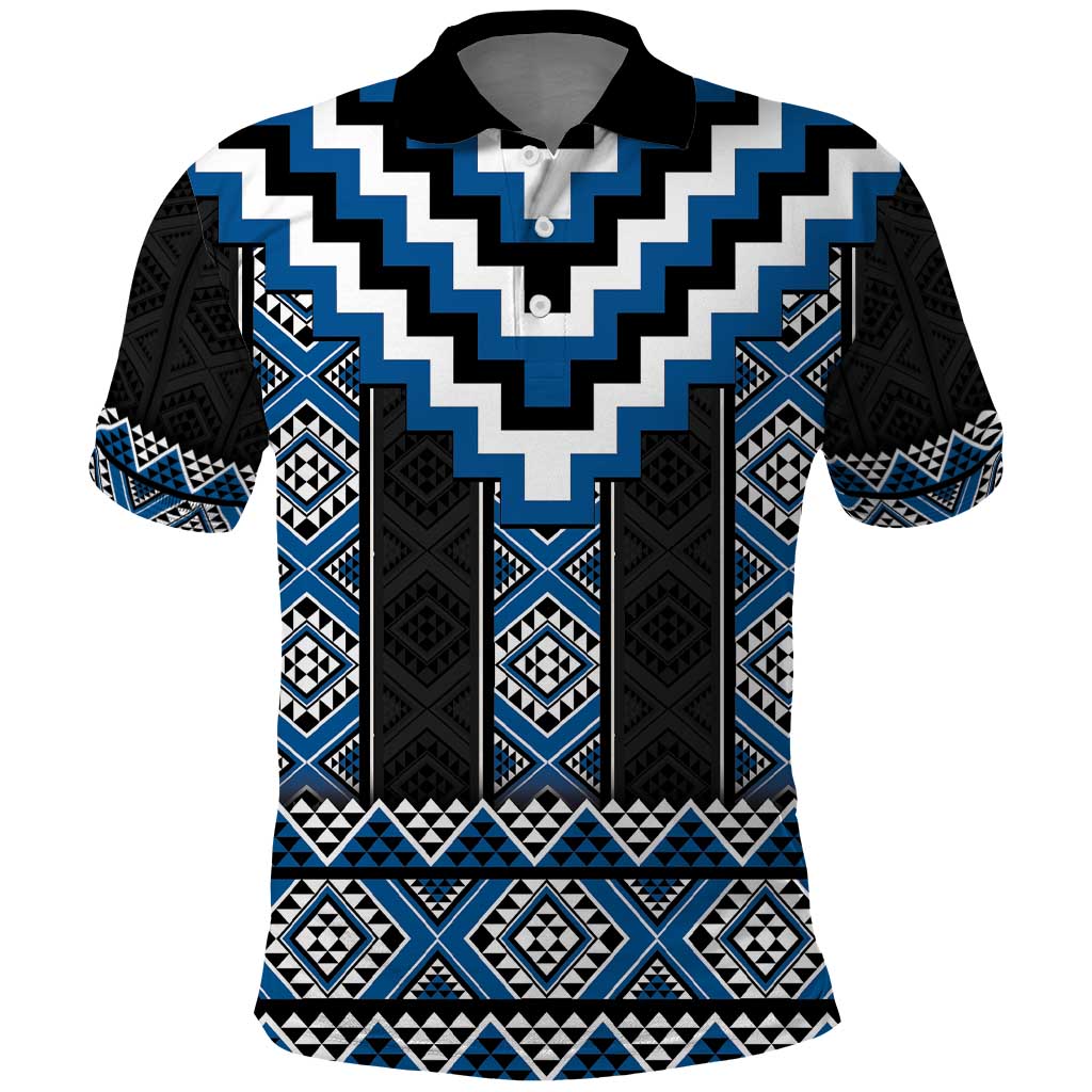 Blue Taniko Aotearoa Polo Shirt Niho Taniwha Mix Poutama - Vibe Hoodie Shop