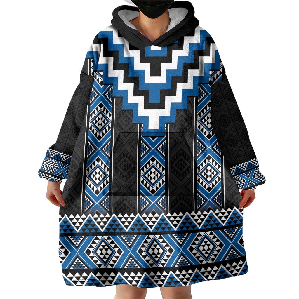 Blue Taniko Aotearoa Wearable Blanket Hoodie Niho Taniwha Mix Poutama - Vibe Hoodie Shop