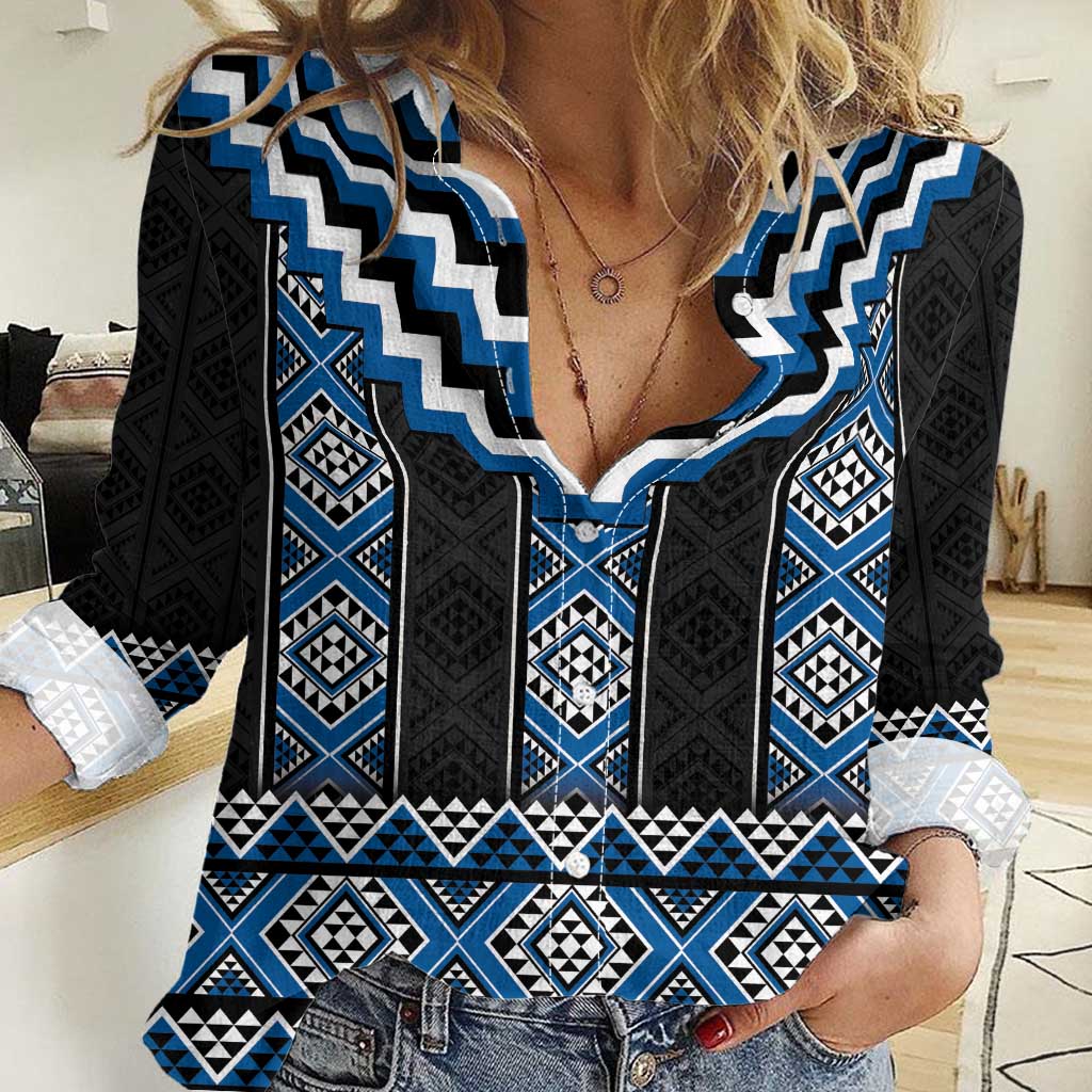 Blue Taniko Aotearoa Women Casual Shirt Niho Taniwha Mix Poutama - Vibe Hoodie Shop