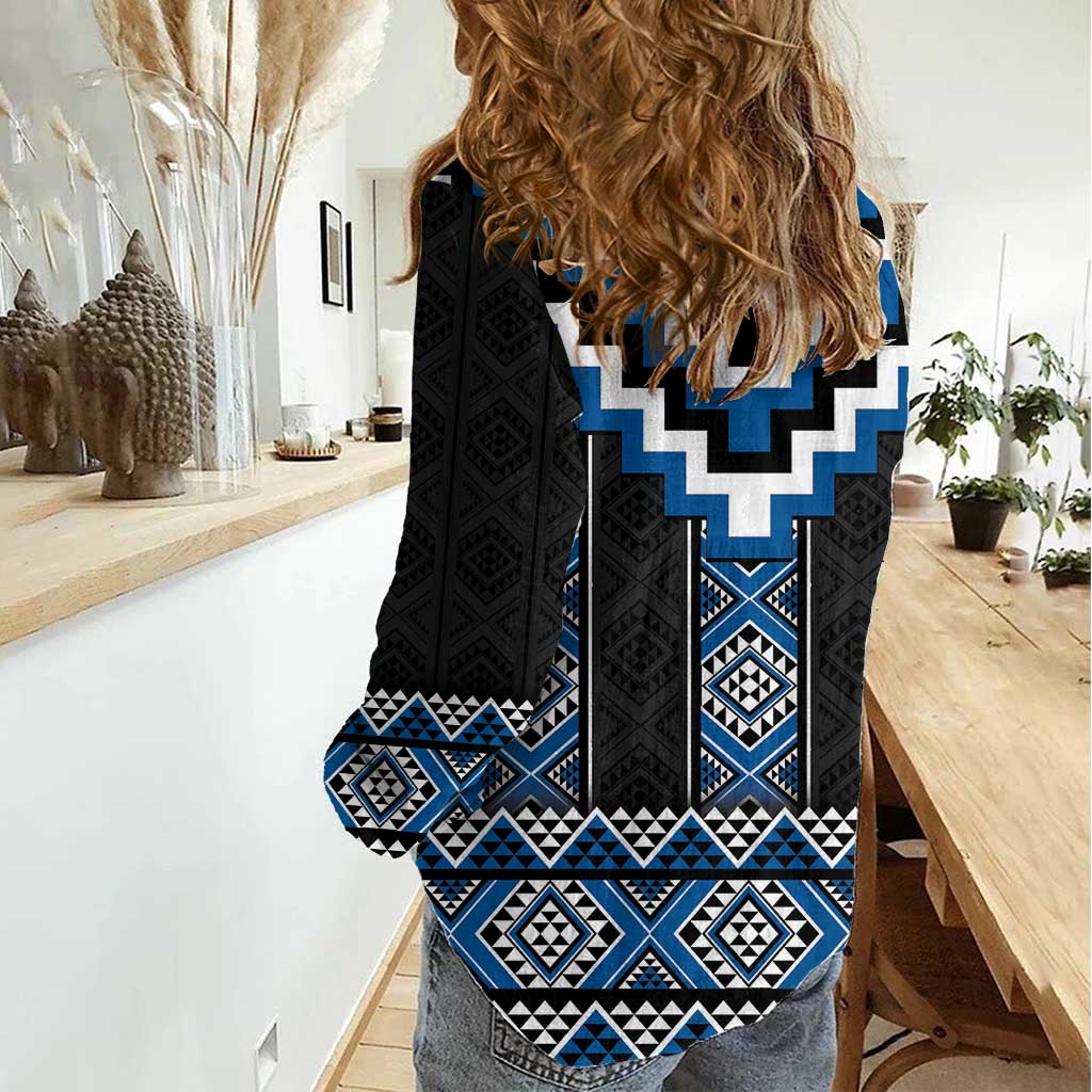 Blue Taniko Aotearoa Women Casual Shirt Niho Taniwha Mix Poutama - Vibe Hoodie Shop