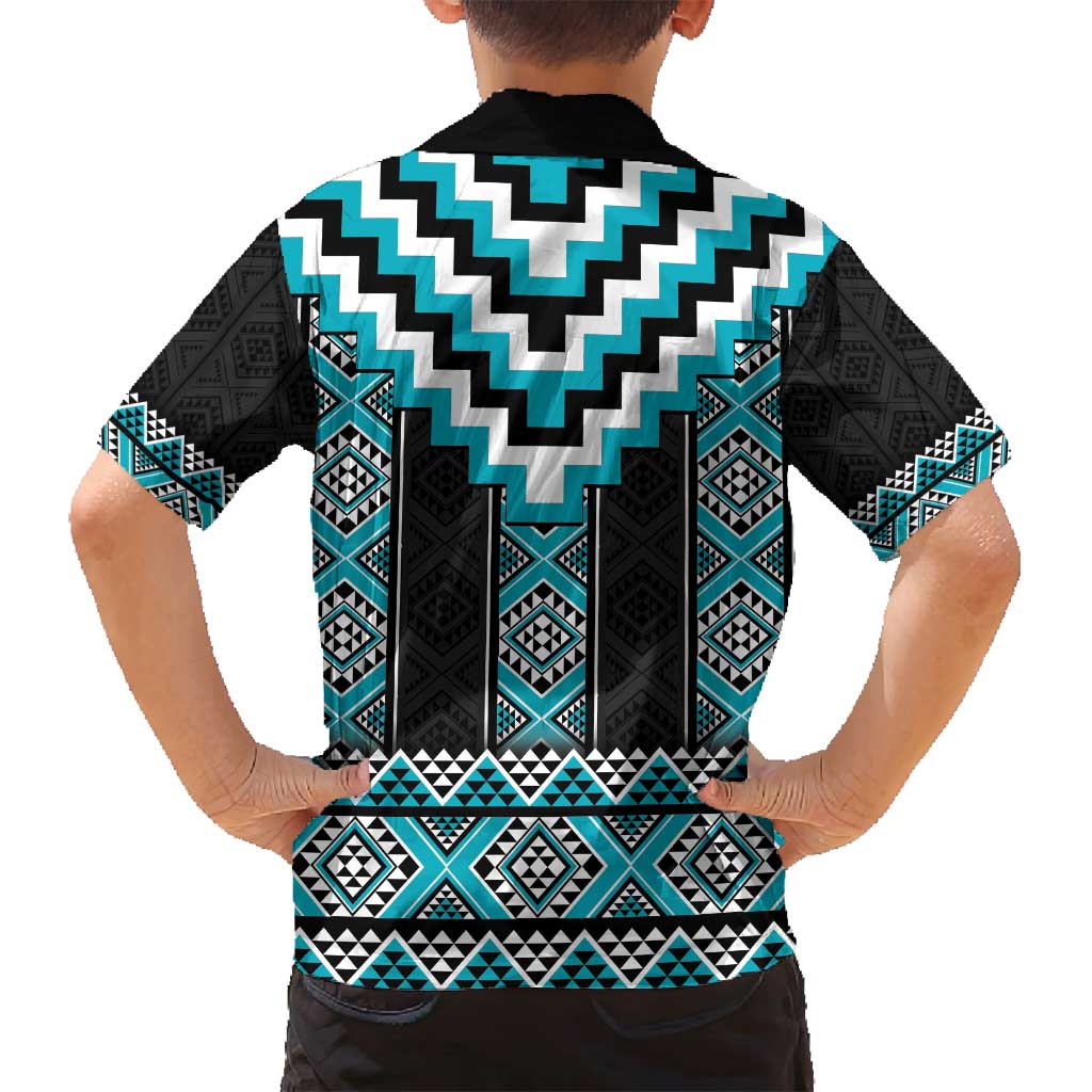 Turquoise Taniko Pattern Aotearoa Family Matching Long Sleeve Bodycon Dress and Hawaiian Shirt Niho Taniwha Mix Poutama LT14