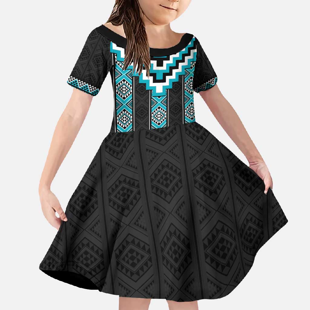 Turquoise Taniko Pattern Aotearoa Family Matching Long Sleeve Bodycon Dress and Hawaiian Shirt Niho Taniwha Mix Poutama LT14